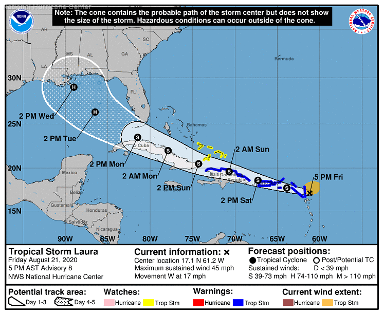The cone of uncertainty for Hurricane Laura on August 21, 2020